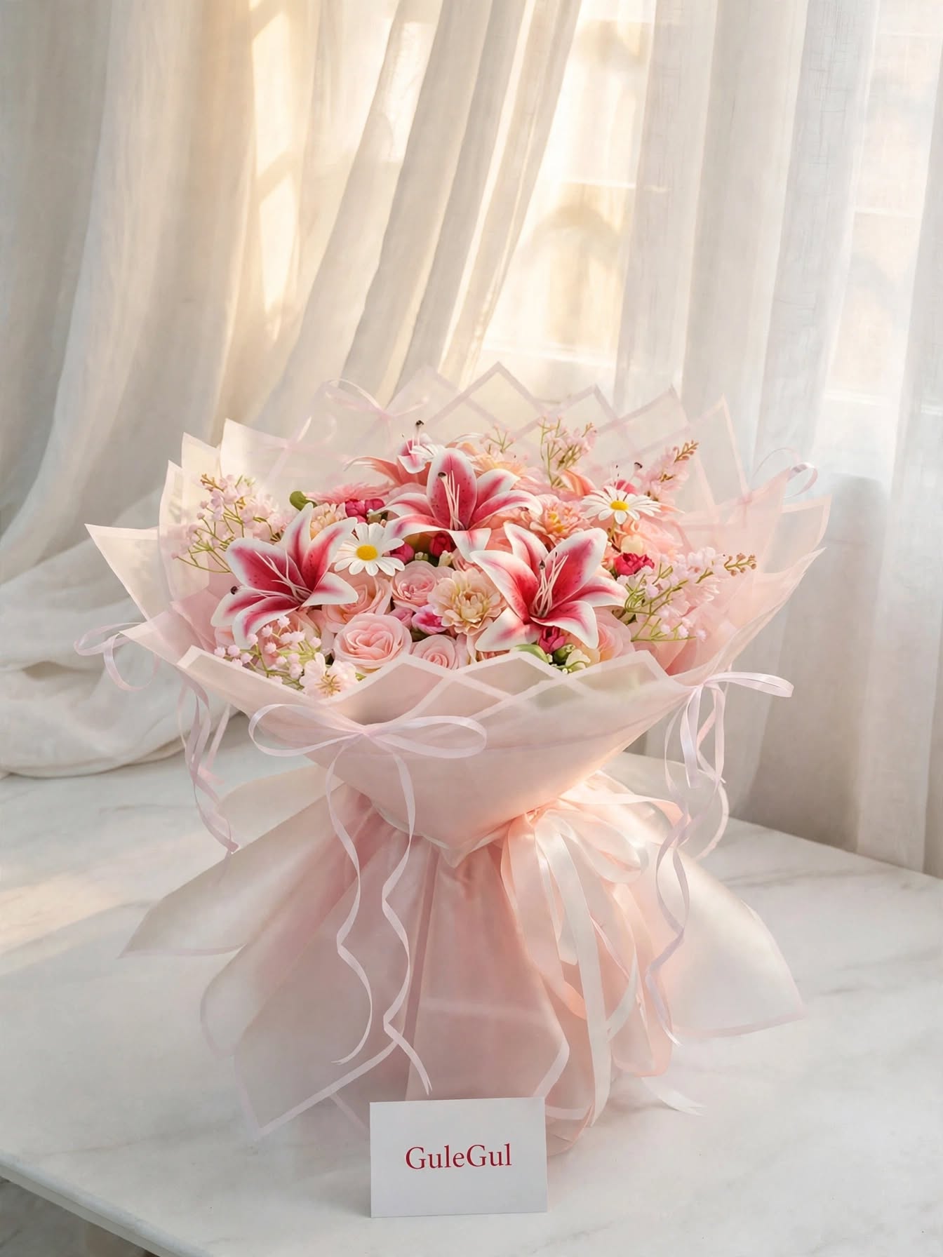 Pink Lily Bouquet with Daisies — GuleGul Flowers