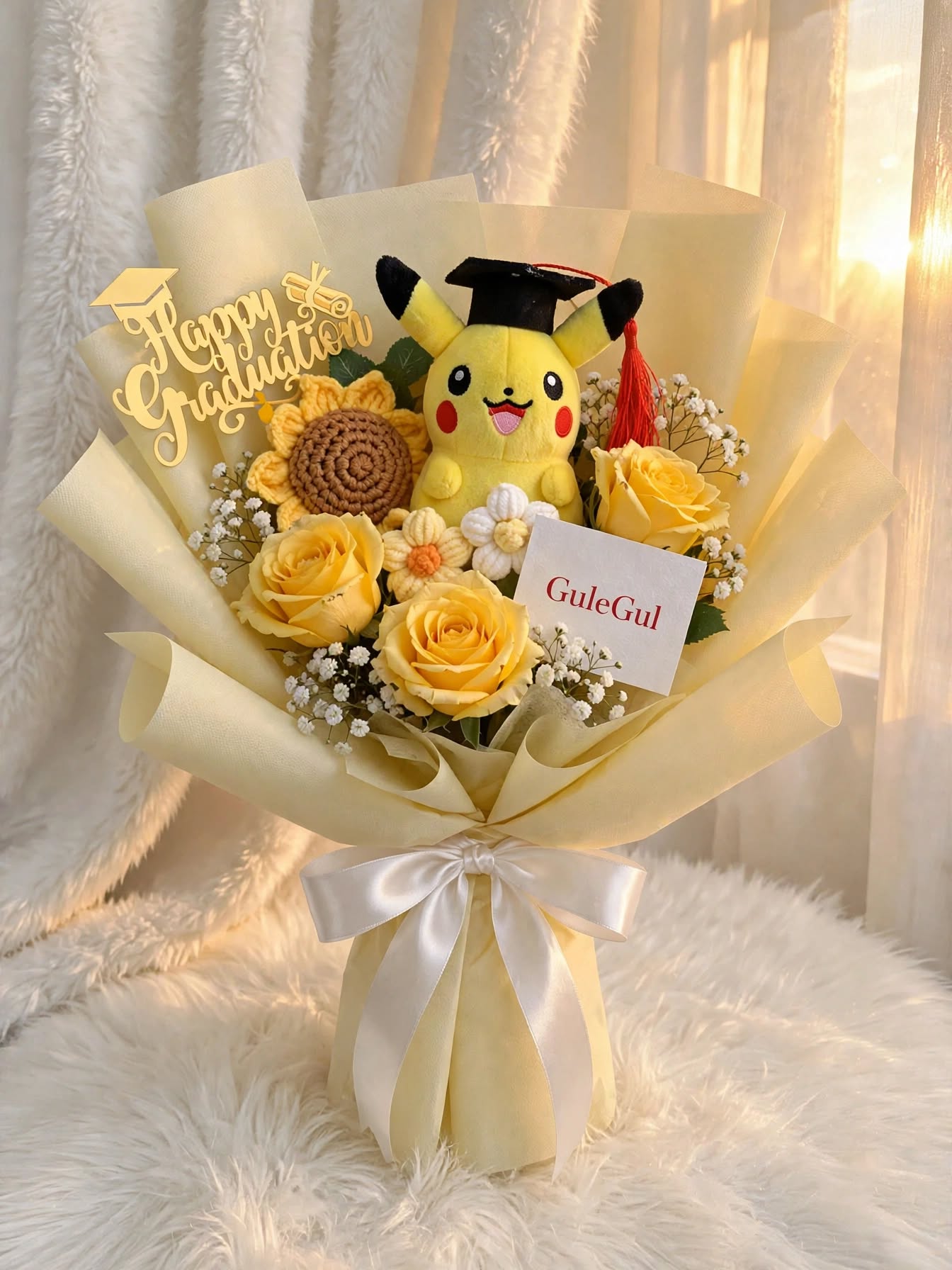 Pikachu Bouquet with Cream Roses - Black Wrap — GuleGul Flowers