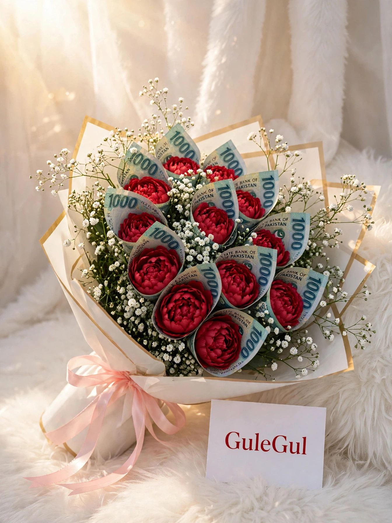 Money Bouquet with Red Rose and Baby's Breath — GuleGul Flowers