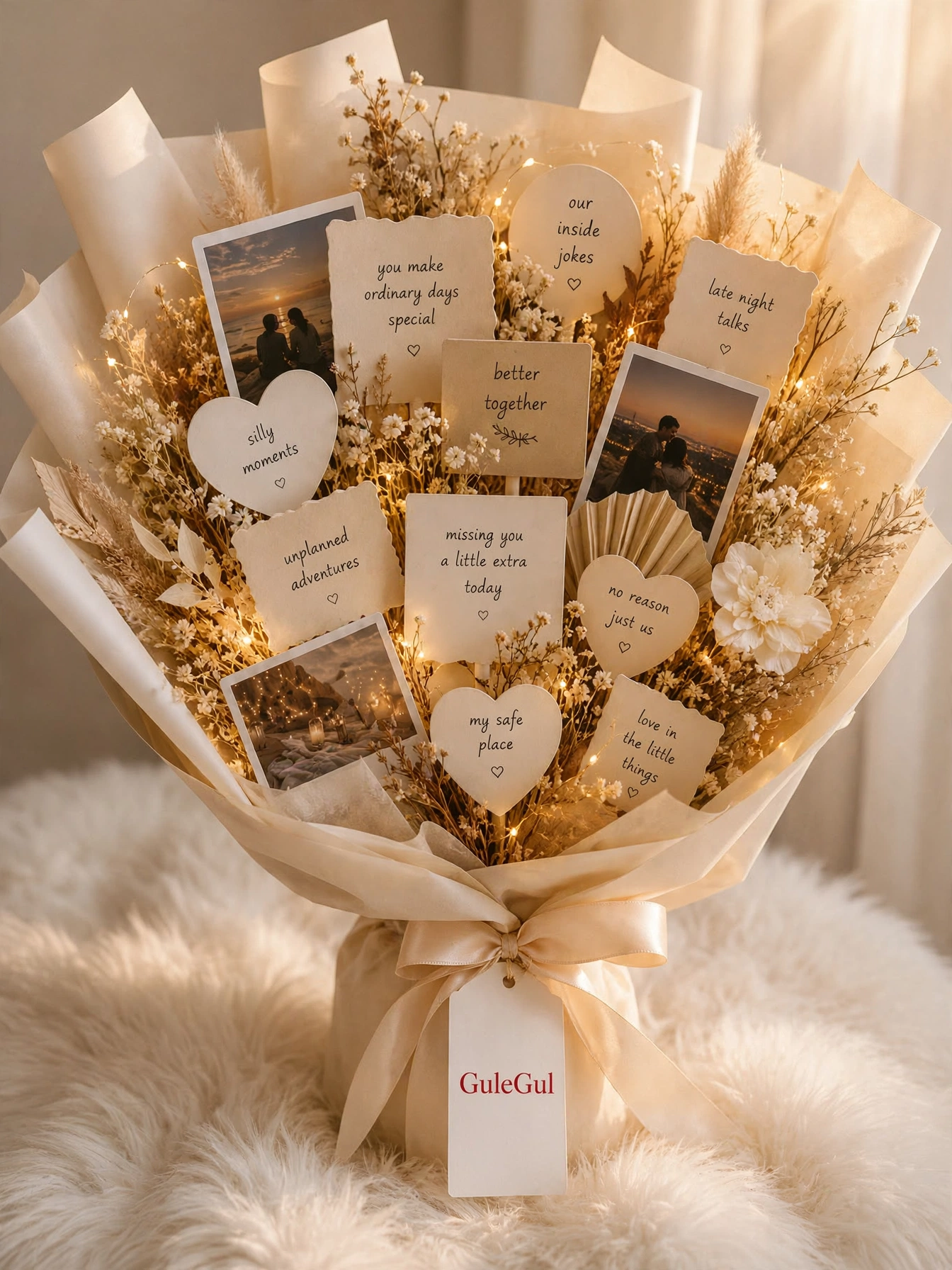 Photo Bouquet with Love Notes and Fairy Lights — GuleGul Flowers