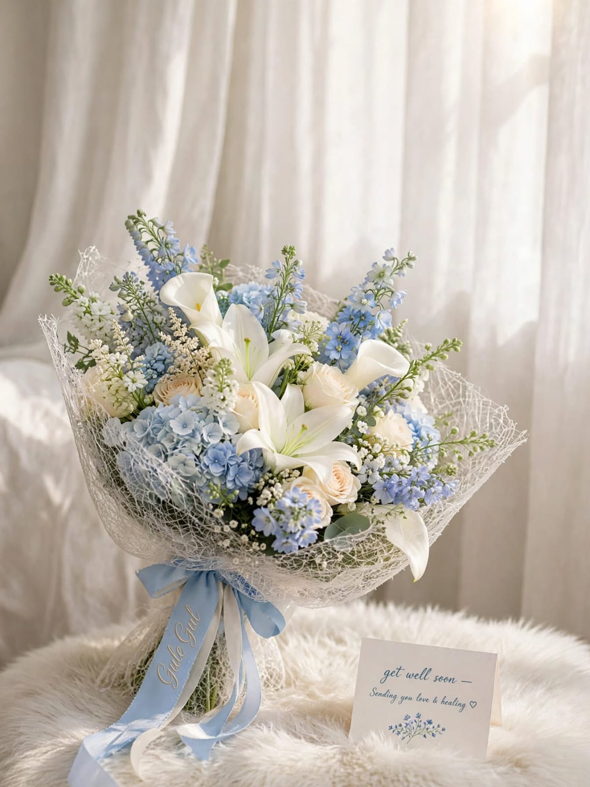 Get Well Soon Bouquet with Blue and White Flower — GuleGul Flowers
