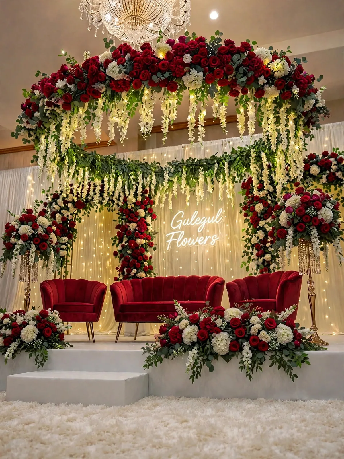 Hanging Flower Barat Stage: Red and white rose arch with hanging white flower strings, rose stands and a neon name sign, GuleGul Flowers Lahore