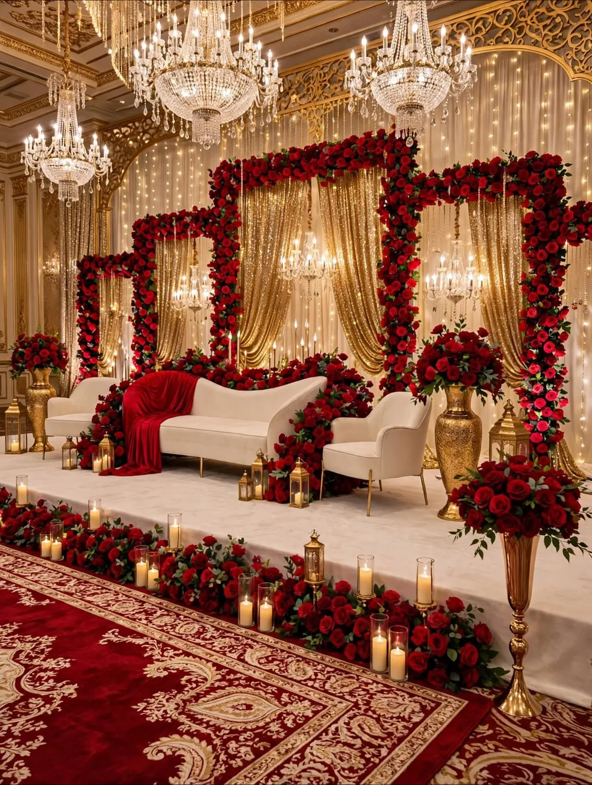 Red Rose Frame Barat Stage: Tall red rose frames over gold drapes, with rows of red roses and candles along the stage front, GuleGul Flowers Lahore