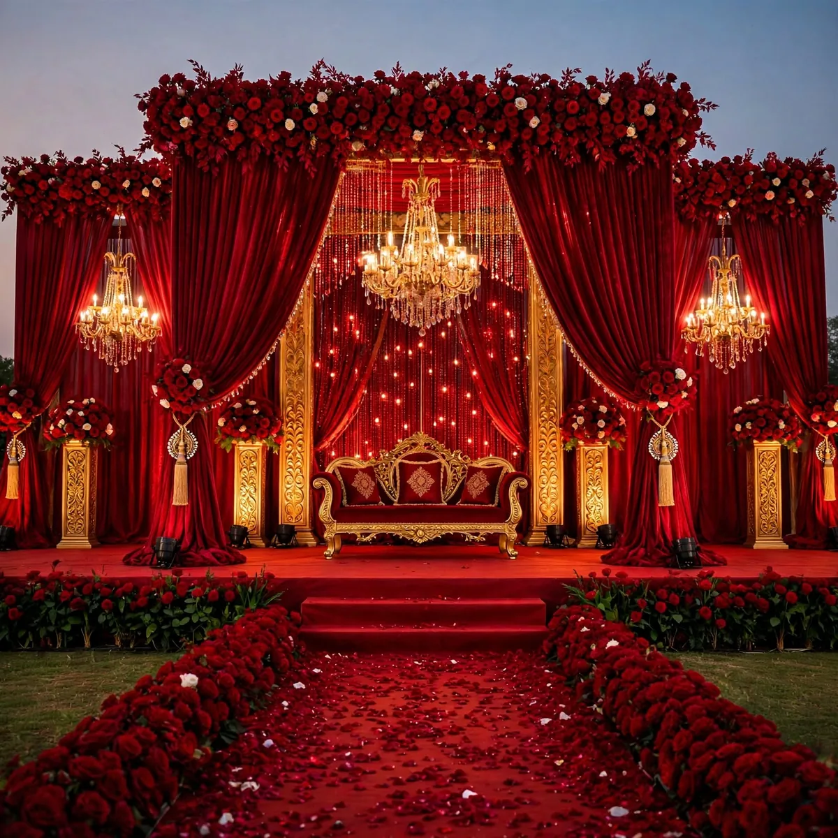 Red Velvet Barat Stage with Rose Walkway: Red velvet drapes topped with red roses, and a walkway lined with red roses and petals, GuleGul Flowers Lahore