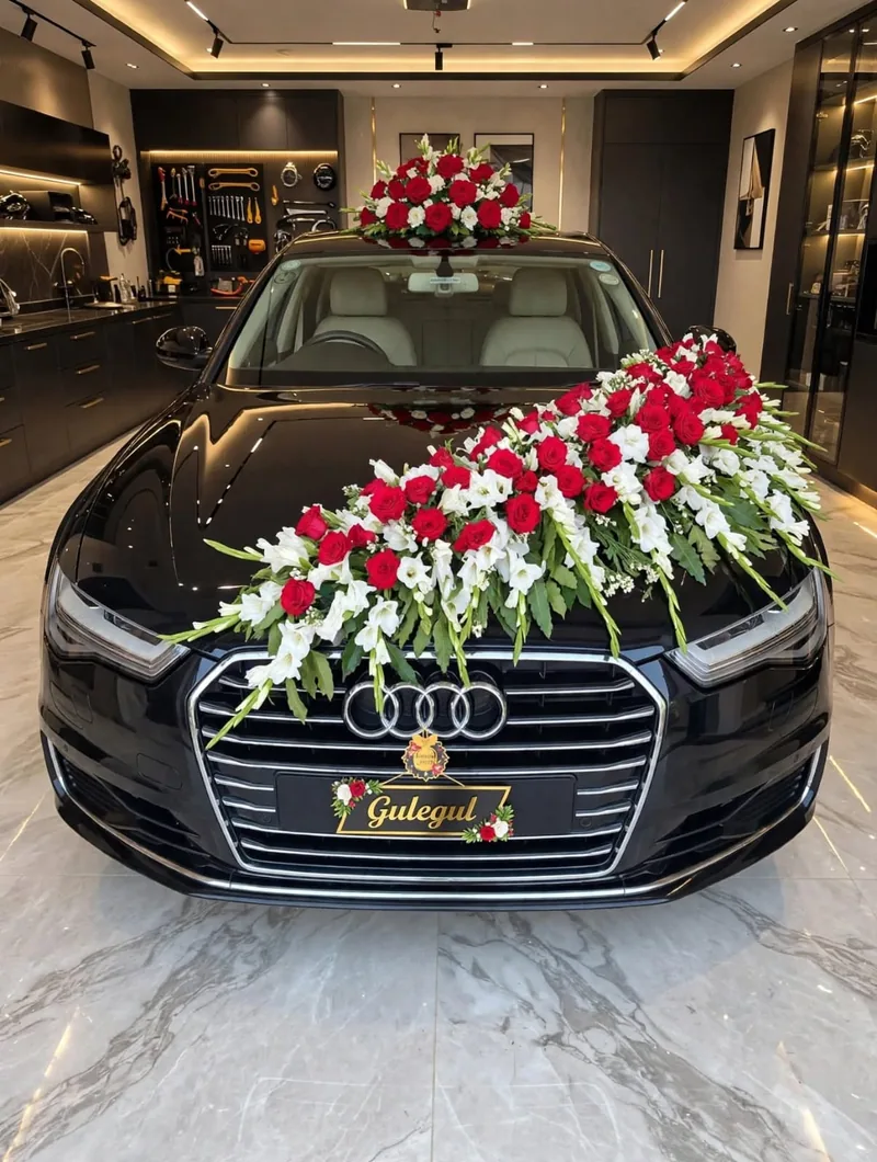 Red Rose Bonnet and Roof Car Decor: Red roses and long white flowers across the bonnet with a matching rose bunch on the roof, GuleGul Flowers Lahore