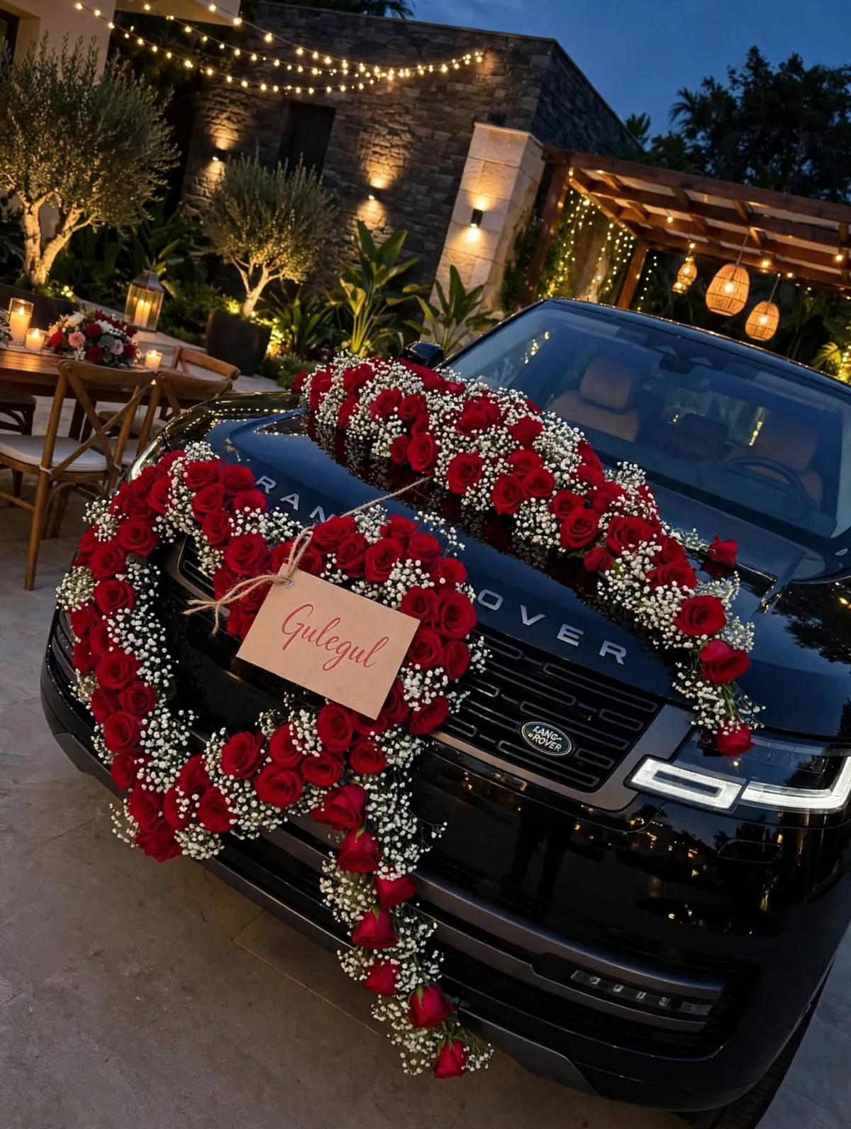 Red Rose Heart Car Decor: Heart of red roses and baby's breath on the bonnet with a rose garland running up to the roof, GuleGul Flowers Lahore