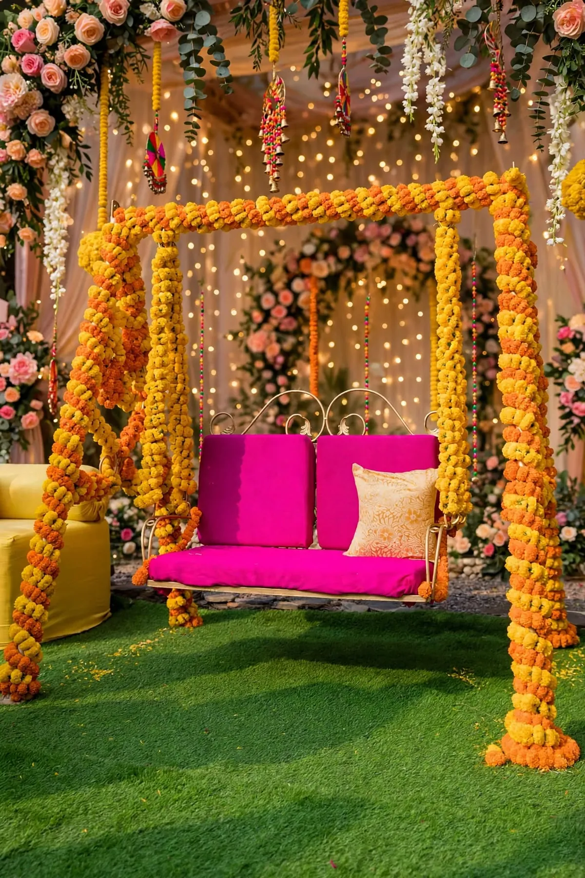 Marigold Jhoola with Pink Cushions: Swing frame wrapped in orange and yellow marigolds with pink cushions and hanging flower strings, GuleGul Flowers Lahore