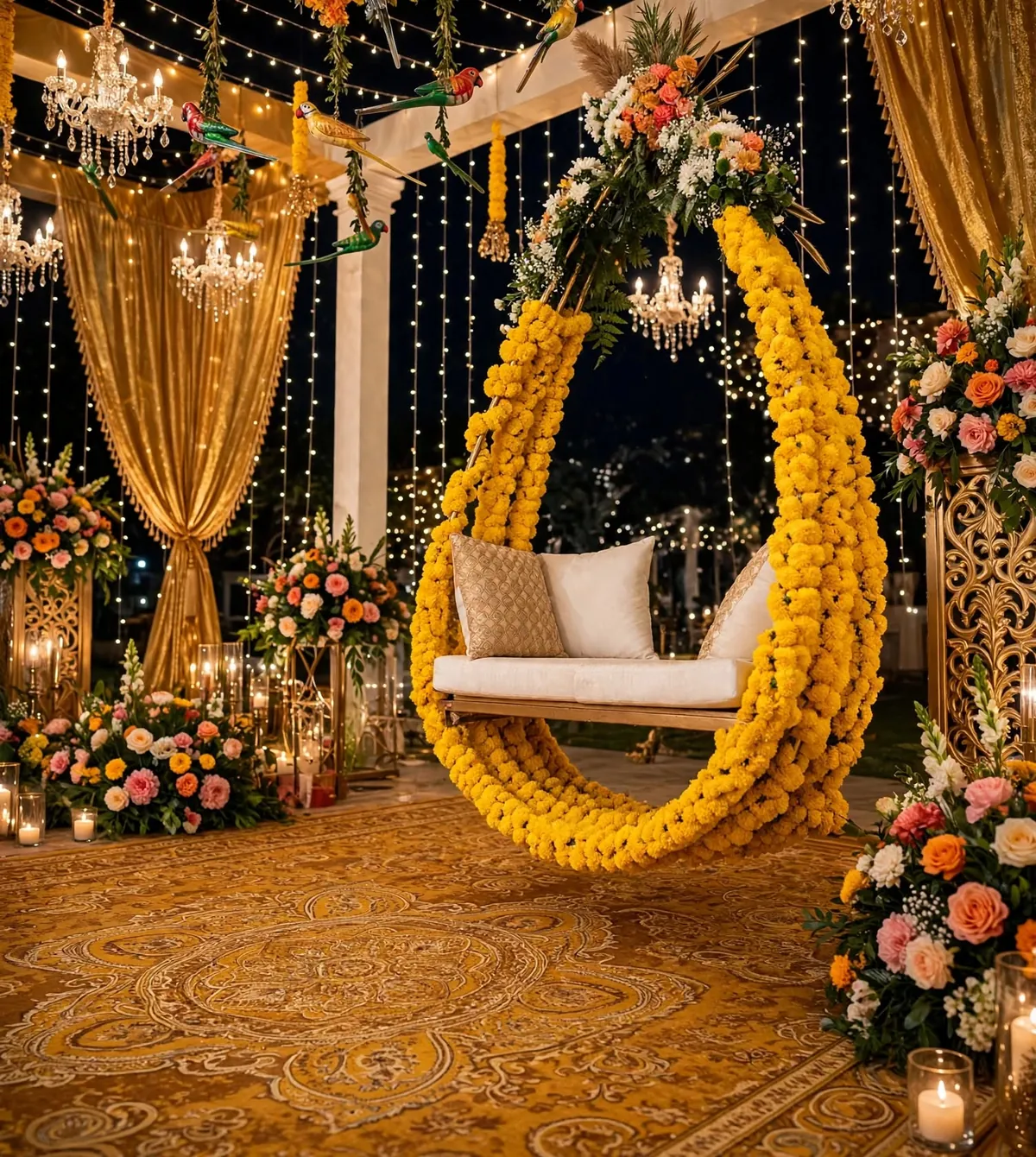 Marigold Ring Jhoola: Round hanging swing covered in yellow marigolds with white cushions and a flower top, GuleGul Flowers Lahore