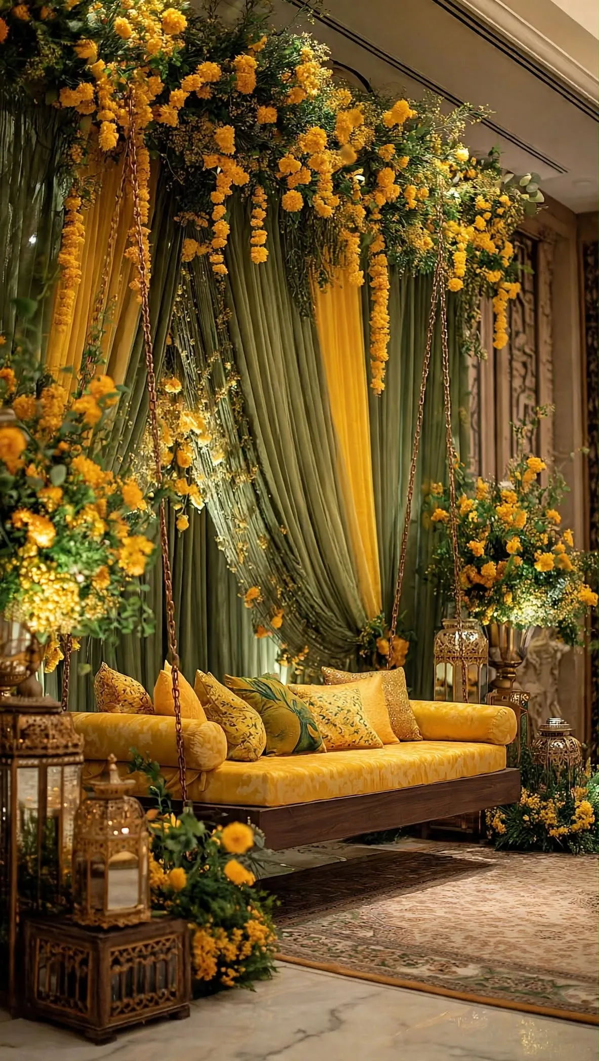 Yellow Genda Sofa Jhoola: Wide wooden sofa swing with yellow cushions under hanging yellow flowers and green drapes, GuleGul Flowers Lahore