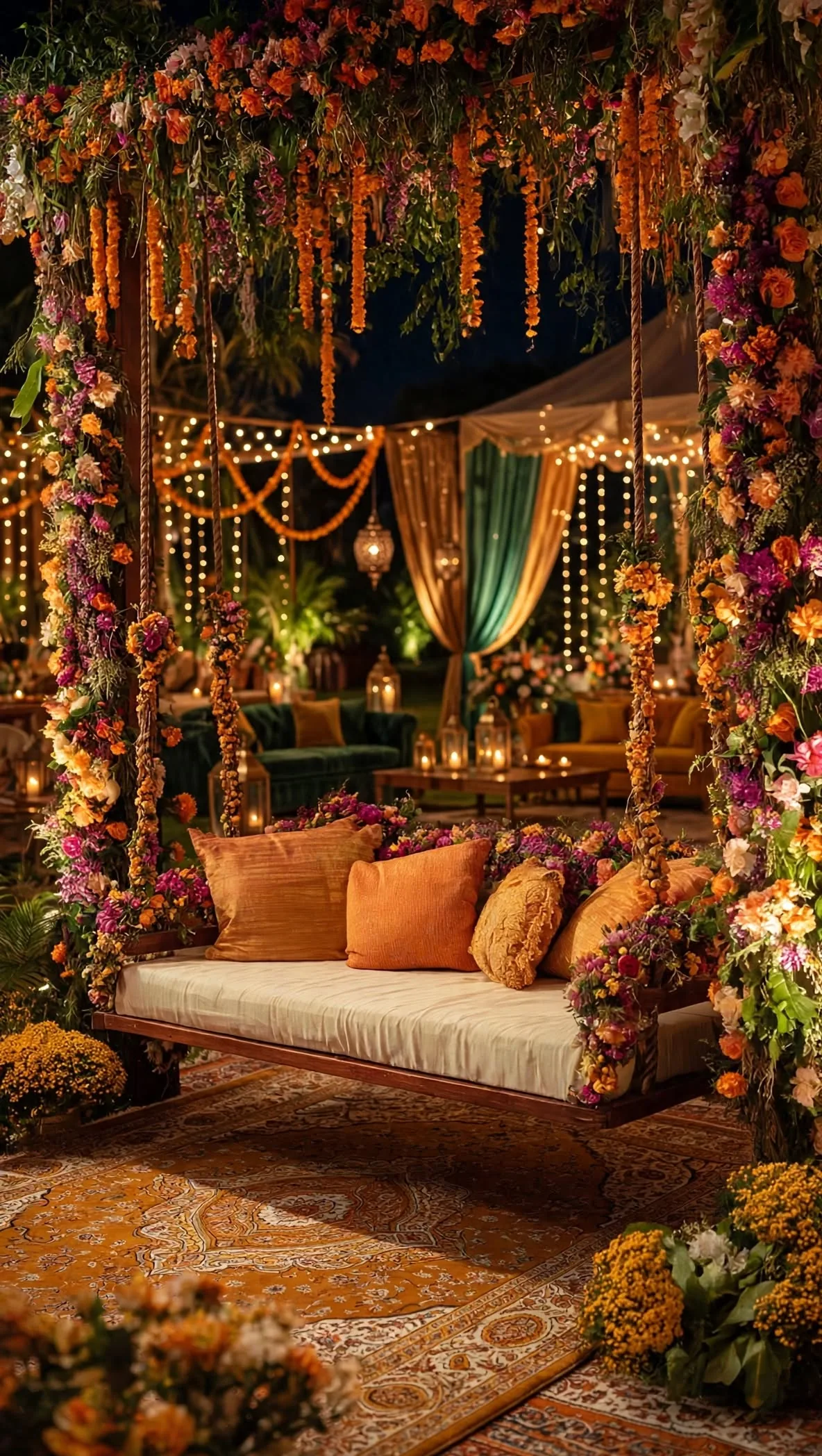Mehndi Flower Jhoola: Wooden jhoola swing covered in marigolds and roses, with cushions and fairy lights, GuleGul Flowers Lahore