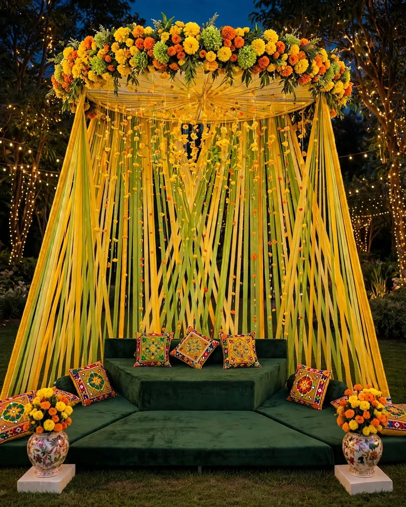 Outdoor Mehndi Canopy with Floor Seating: Yellow and green ribbon canopy with a marigold crown, green floor seating and cushions, GuleGul Flowers Lahore