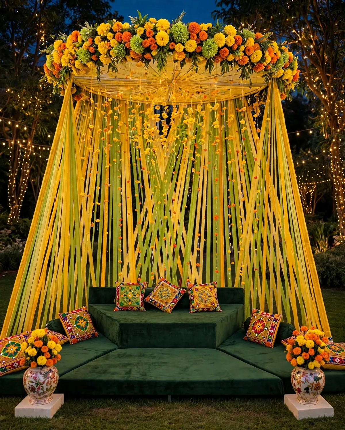 Outdoor Mehndi Canopy with Floor Seating: Yellow and green ribbon canopy with a marigold crown, green floor seating and cushions, GuleGul Flowers Lahore