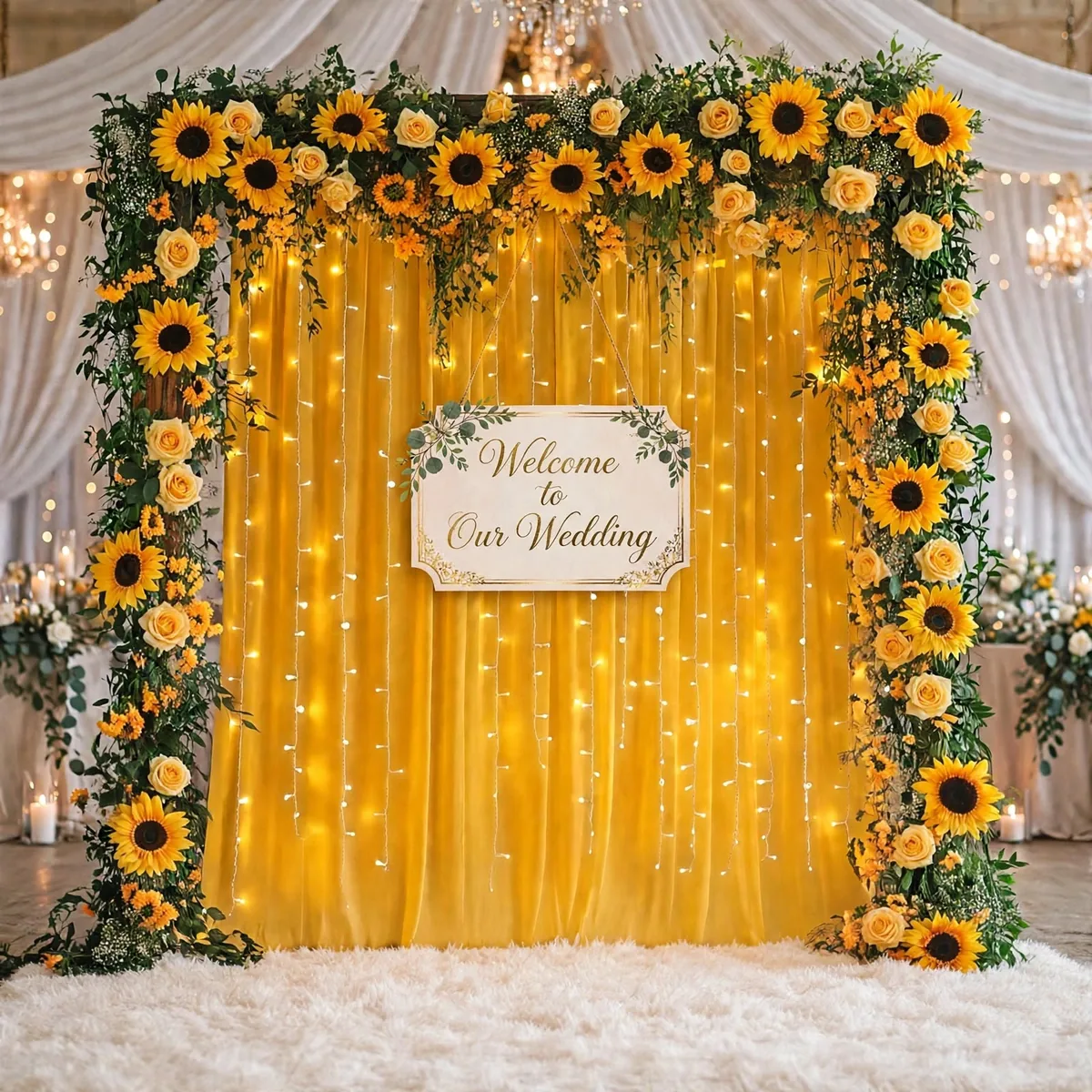 Sunflower Mehndi Backdrop: Square frame of sunflowers and green leaves around a yellow drape with fairy lights, GuleGul Flowers Lahore