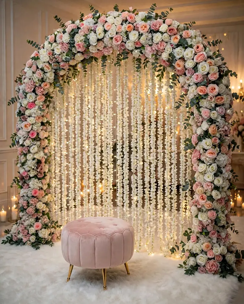 Pastel Rose Nikkah Arch: Round arch of pastel pink and white roses with a motia curtain and pink stool, GuleGul Flowers Lahore