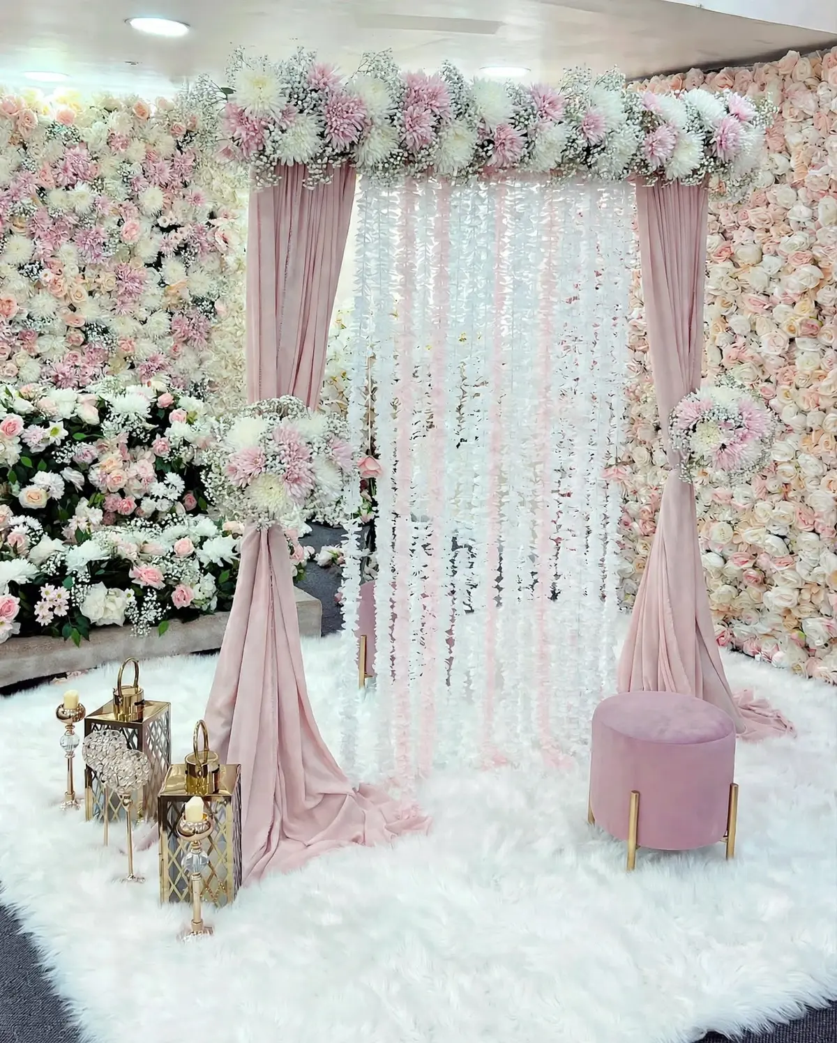 Pink Floral Nikkah Canopy: Pink and white chrysanthemum canopy with blush drapes, lanterns and a pink stool, GuleGul Flowers Lahore