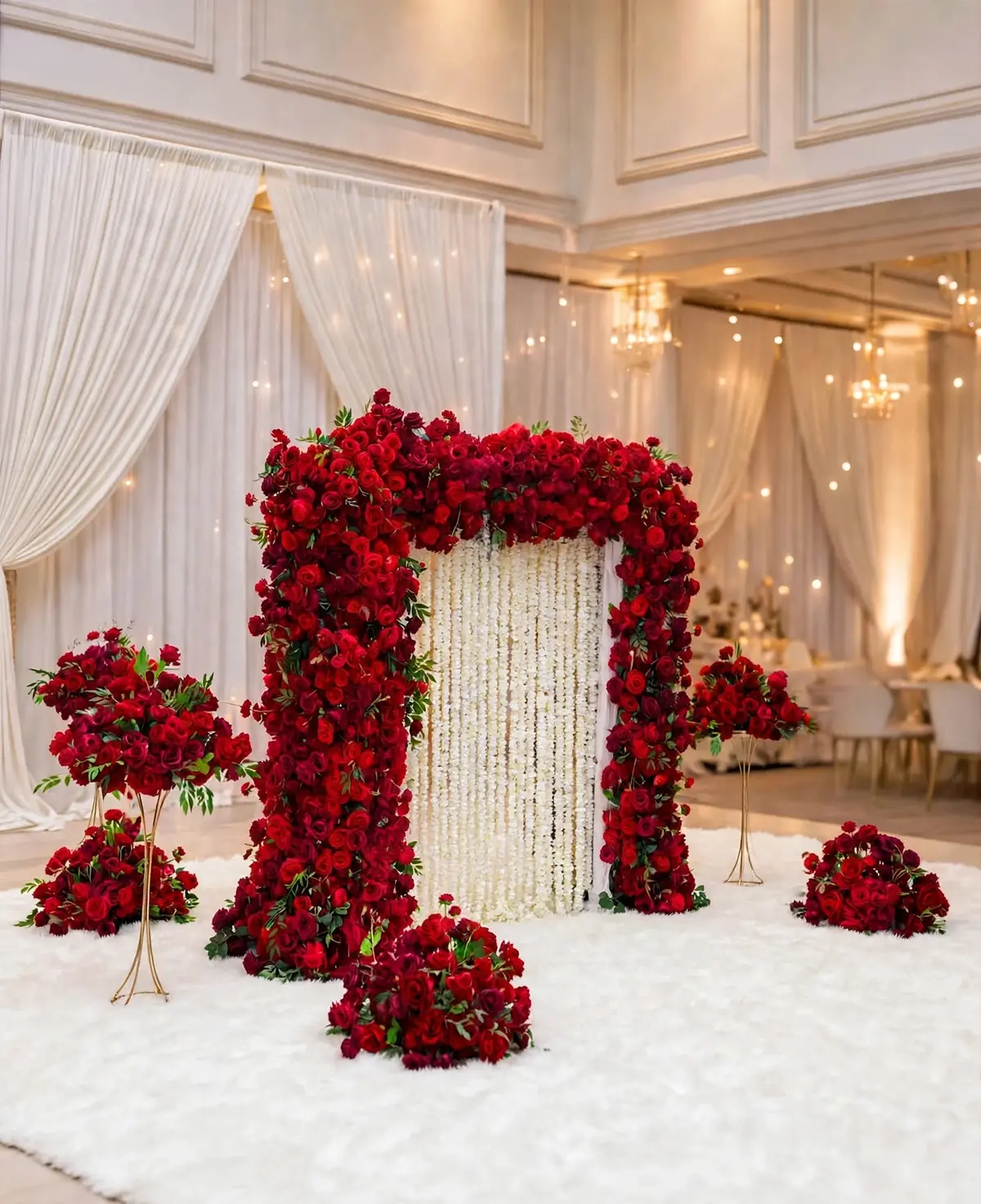 Red Rose Nikkah Backdrop: Red rose frame with a white motia curtain and red rose floor arrangements, GuleGul Flowers Lahore