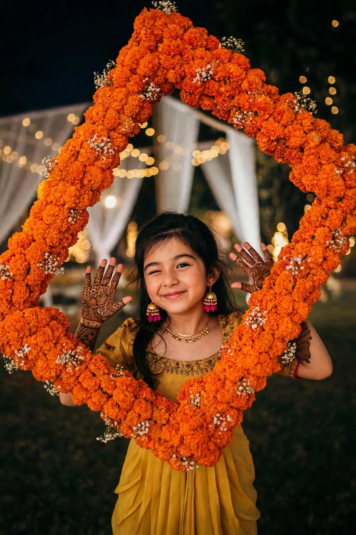 Marigold Hand Photo Frame: Hand-held square frame of orange marigolds with baby's breath, GuleGul Flowers Lahore