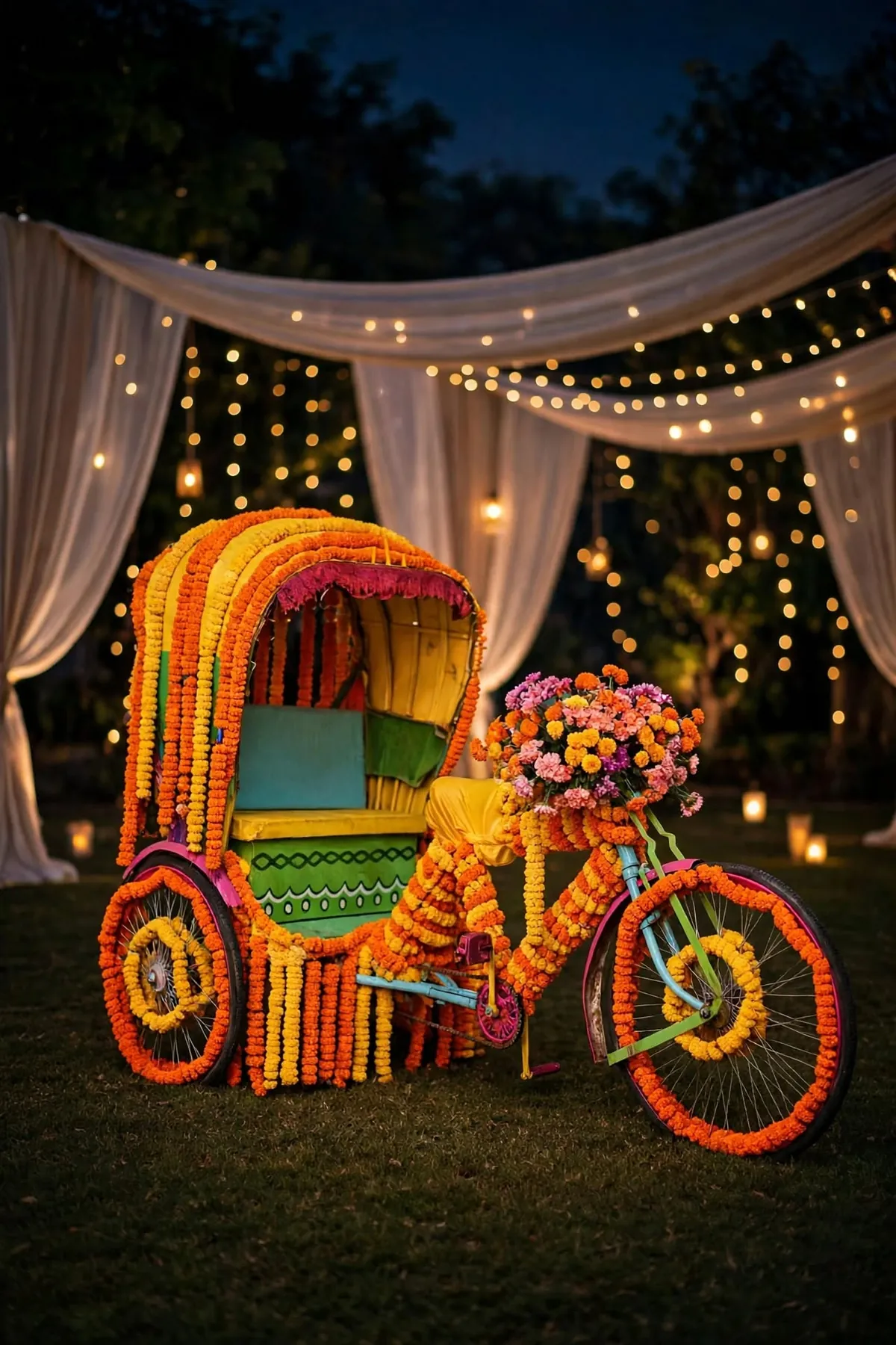 Marigold Rickshaw Photo Booth: Colourful cycle rickshaw covered in orange and yellow marigold strings with a flower basket, GuleGul Flowers Lahore