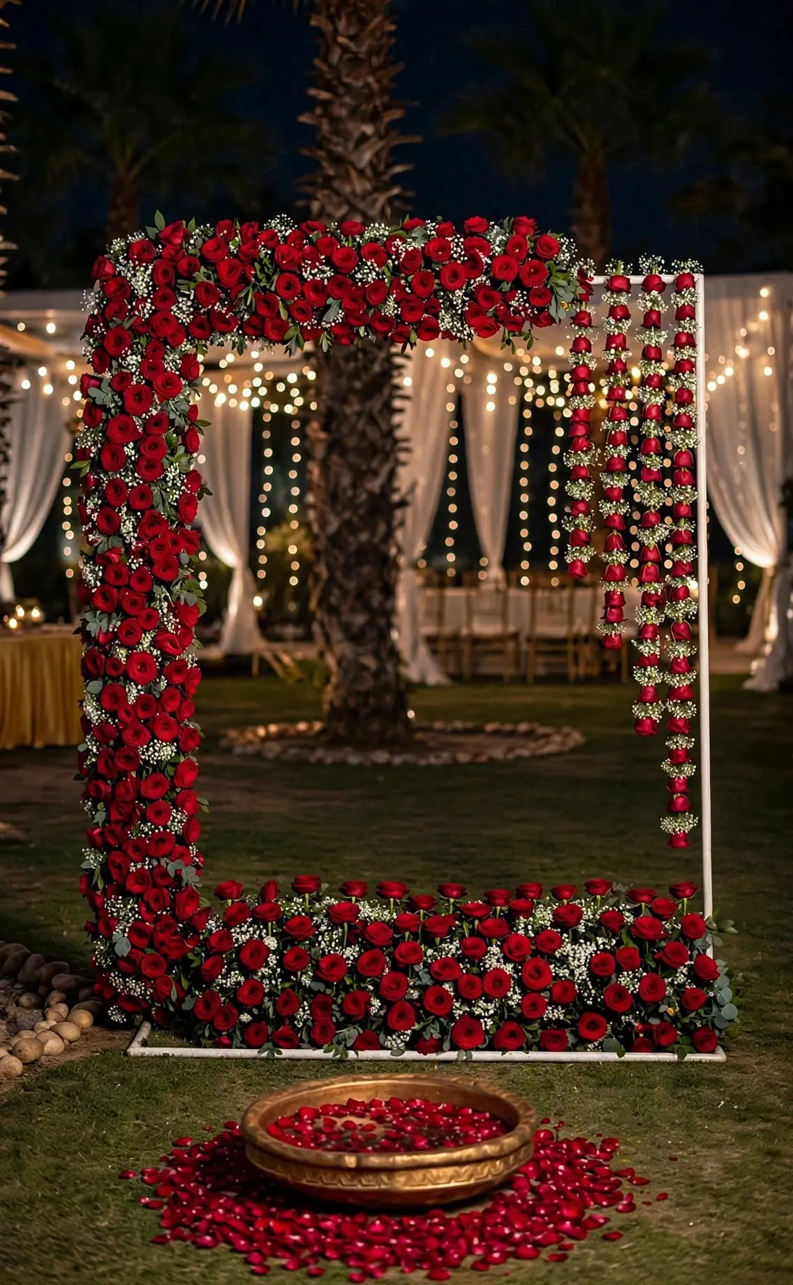 Red Rose Photo Booth Frame: Open frame covered in red roses and baby's breath, with a brass bowl of rose petals in front, GuleGul Flowers Lahore