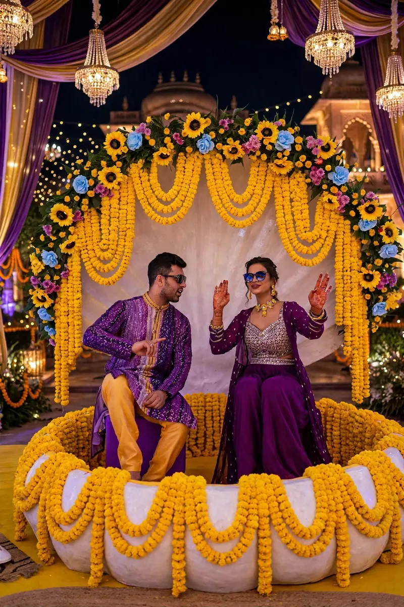 Sunflower and Marigold Photo Booth: Arch of sunflowers and blue flowers with marigold curtains and a seat edged with genda strings, GuleGul Flowers Lahore