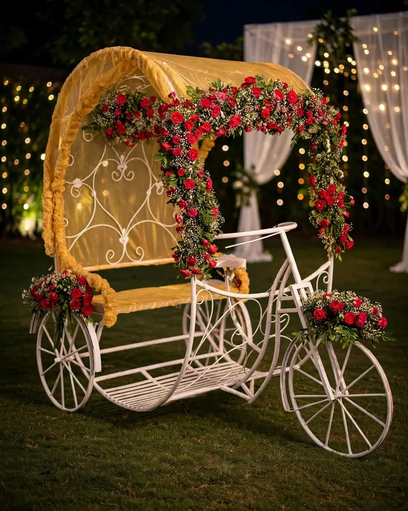 Red Rose Rickshaw Photo Booth: White cycle rickshaw with a yellow hood trimmed with red roses and baby's breath, GuleGul Flowers Lahore
