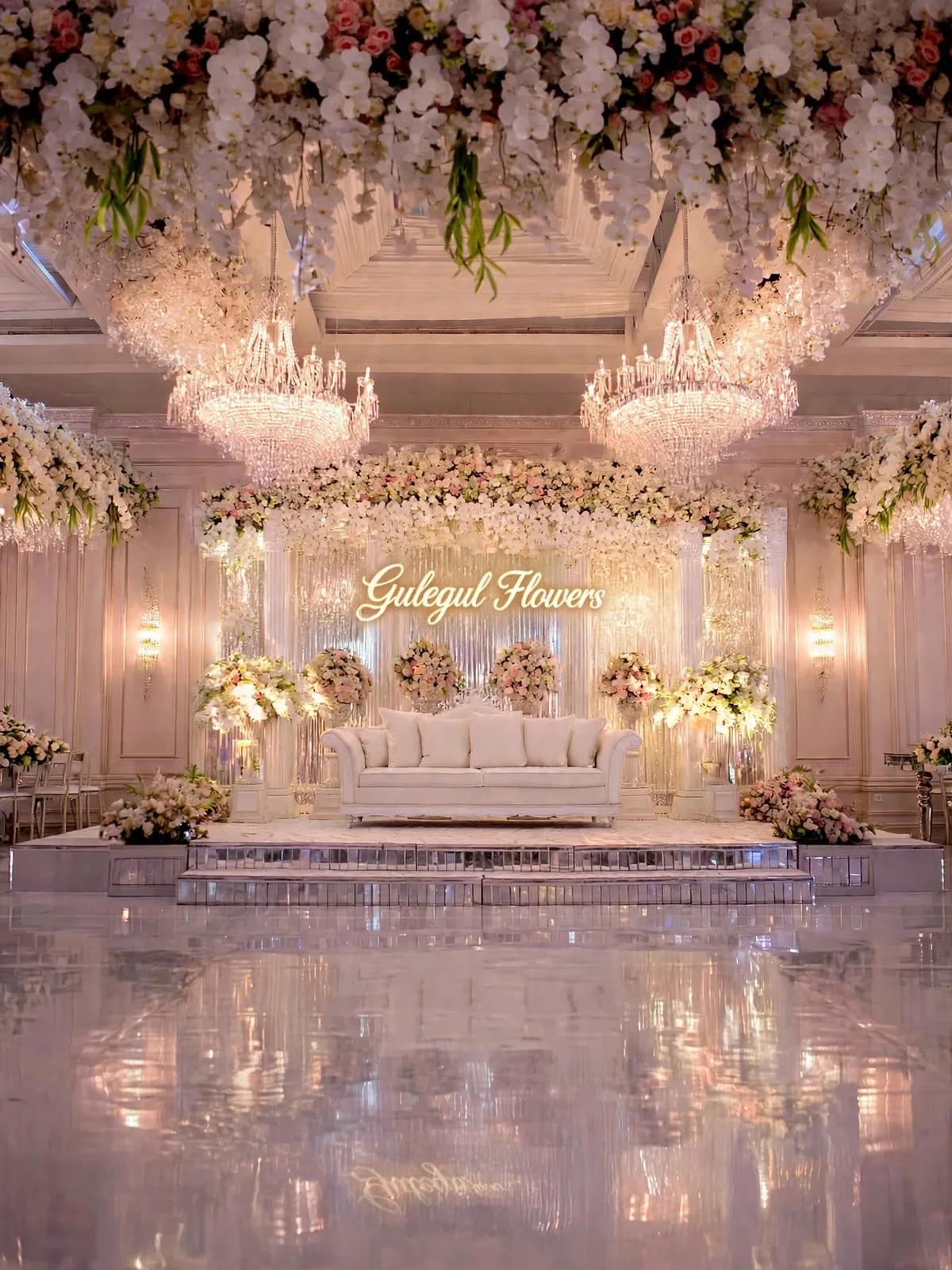 Walima Hall Flower Ceiling: Hall stage with a ceiling of hanging white and pink flowers, a white sofa and flower stands, GuleGul Flowers Lahore