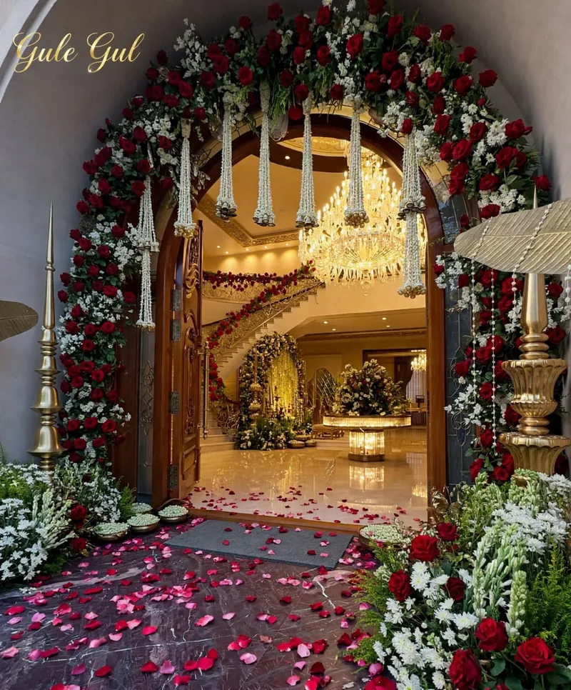Wedding House Decoration in Lahore: red and white rose arch over the main door
